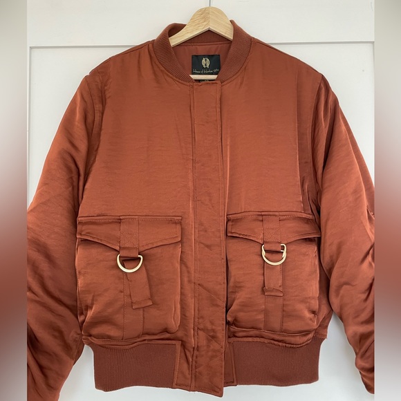 House Of Harlow 1960 Satin Bomber Jacket Women’s Medium Metallic Brown Ruched - Picture 4 of 16